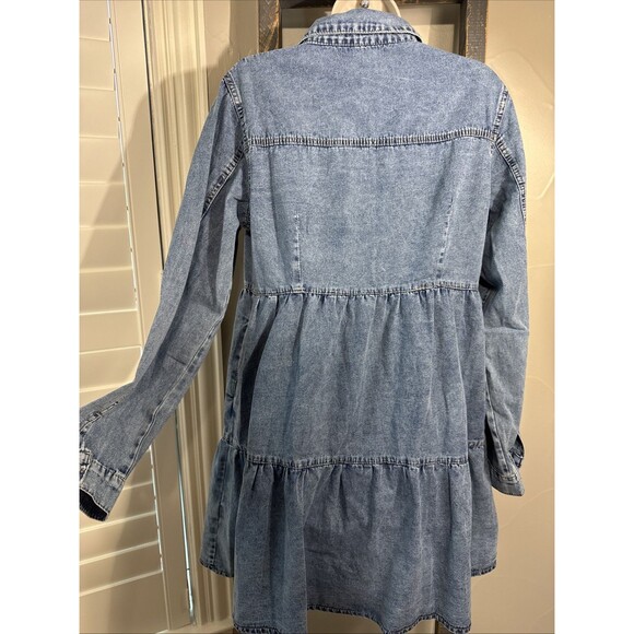 SHEIN Denim Dress Medium Snap Tiered Blue Cotton Long Sleeve Chambray - Picture 4 of 7